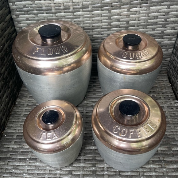 Vintage Aluminum 1960s 4 Canister Nesting Set w Rose Copper Lids MCM - Picture 1 of 8
